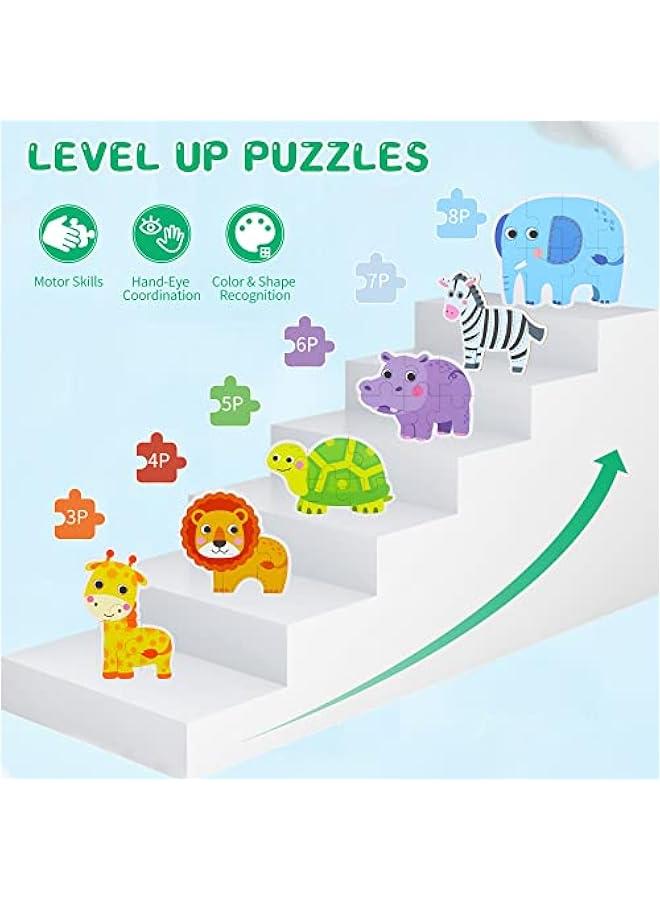 6 Packs Safari Animals Shaped Wooden Jigsaw Puzzles for Toddlers Ages 1-3, Level-up Puzzles for Beginner, Montessori Learning Toys Preschool Educational Activity for Kids Ages 2-5 - Image 2